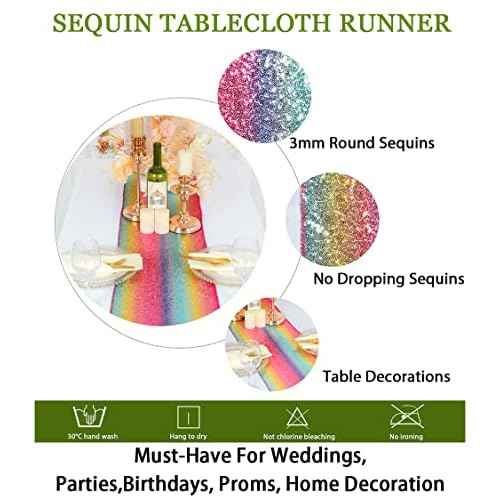 ShinyBeauty Sequin Table Runner 12x72 Inch Glitter Rainbow Sequin Tablecover Rectangle for Wedding Birthday Event Party Supplies (12x72, Colorful)