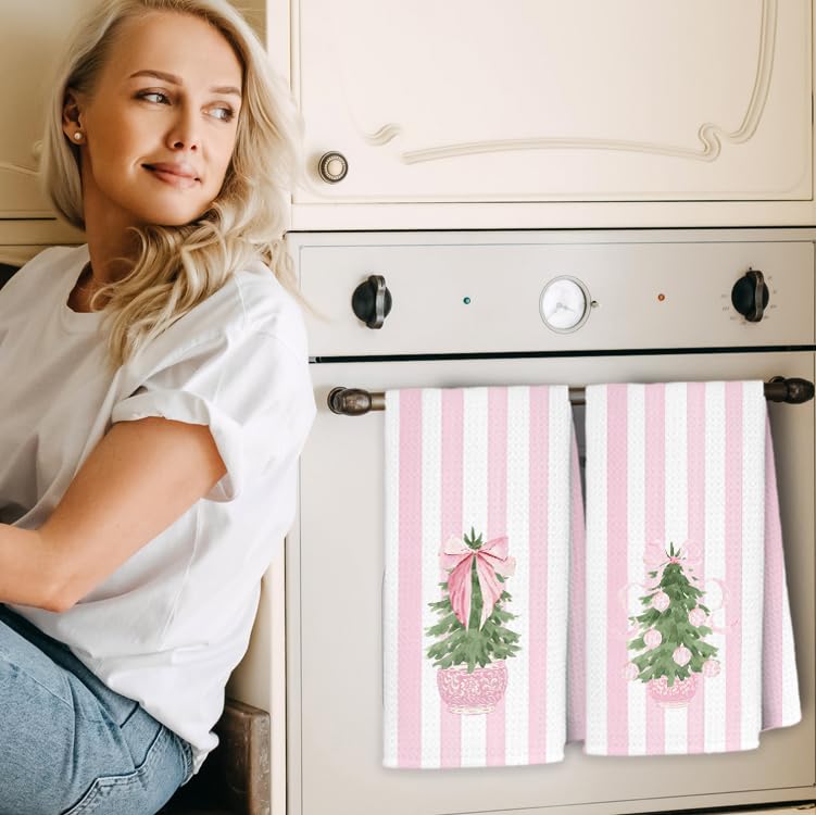 Exqcom Tree Towels-f Pink Chinoiserie Christmas Kitchen Towels, 16x24 in Set of 2