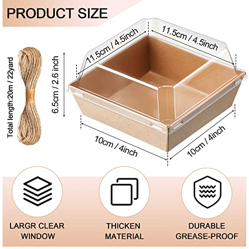 Kraft Charcuterie Boxes with Clear Lids - 150 Pack 4-Inch Bakery Food Containers with Jute Rope