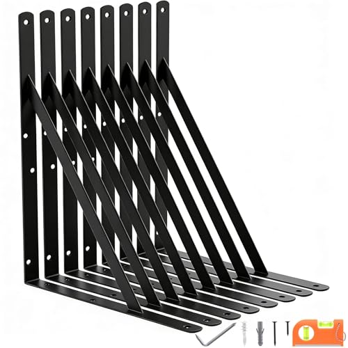18 Inch Heavy Duty Shelf Brackets - Black Pack of 8 - Wall Mount Floating Shelf Supports