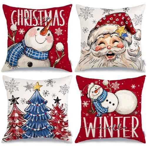 GEEORY Merry Christmas Throw Pillow Covers 20x20 Inch Set of 4, Santa Snowmen Xmas Trees Hello Winter Snowflake Holiday Farmhouse Decorative Cushion Cases for Home Decoration (Red) G602-20