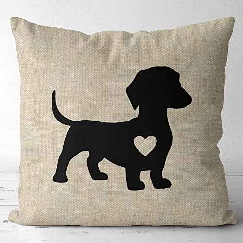 Dachshund Heart Flax Throw Pillow Cover,18 x 18 Inch Decorative Cotton Linen Cushion Cover for Sofa Couch Bed (Dachshund Heart, Flax)