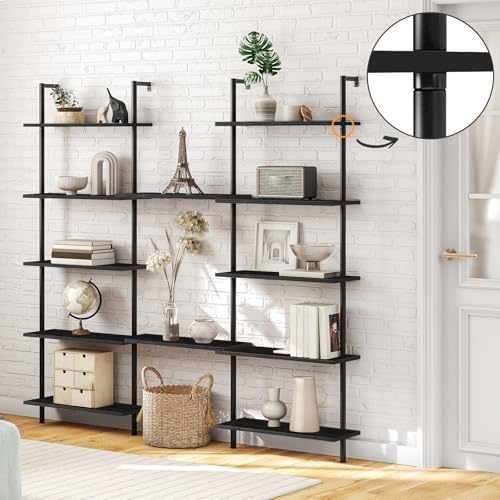 Wall Mounted Ladder Shelf 6-Tier Black Wooden Bookcase for Home Office & Bedroom