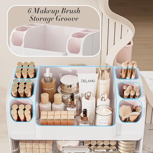 Delamu White Makeup Organizer Countertop with 6 Brush Holders — Large Vanity Storage
