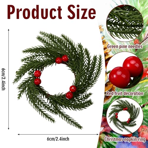 6 Pcs Christmas Napkin Rings Wreath Napkin Holder Red Berry - Gandeer