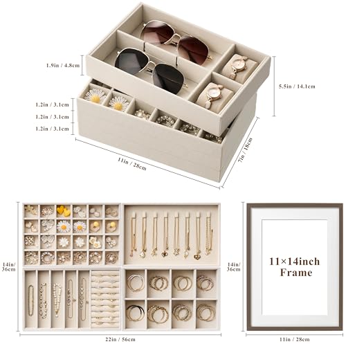 Large Beige Velvet Jewelry Drawer Organizer Trays - 4-Layer Stackable Insert Set with Removable Dividers, Magazine Size