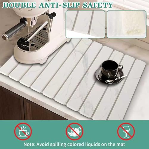 Stone Dish Drying Mat for Kitchen Counter 24x16 Inch White Marble - Foldable
