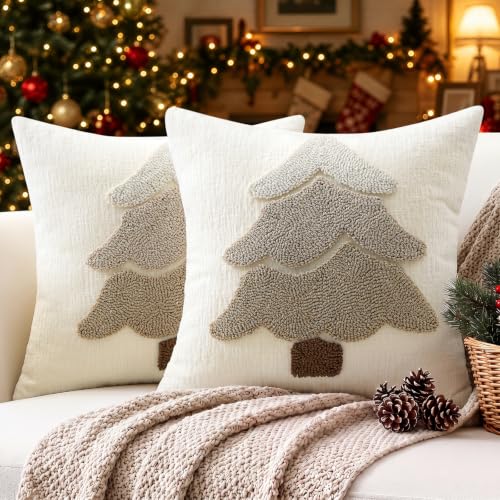Artscope Beige Chenille Christmas Tree Pillow Covers Set of 2 20x20 Inches