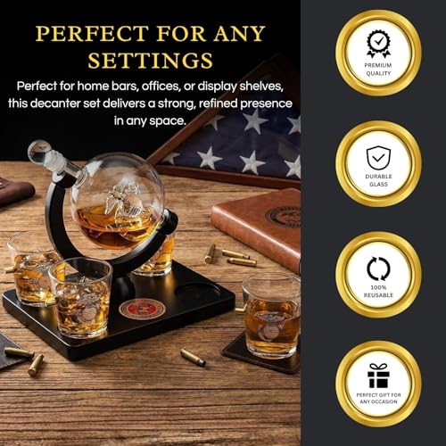 USMC Whiskey Decanter Set with Globe & Glasses - Military Gift for Men