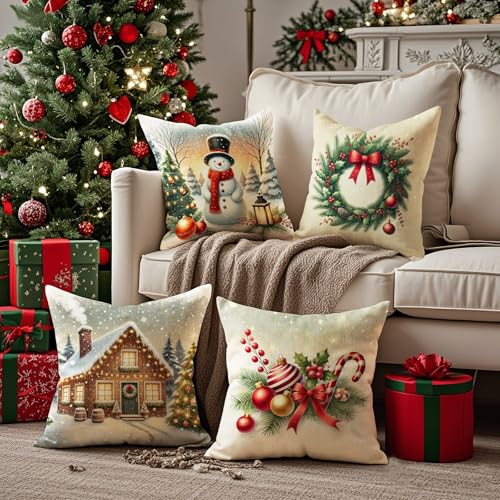 HDVUHKI Christmas 20x20 Pillow Covers Set of 4 - Linen Decorative Holiday Cushion Covers