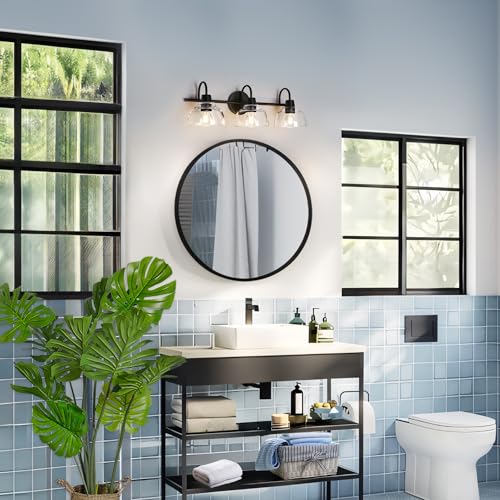 3-Light Bathroom Vanity Light Fixture with Clear Glass Shades - Modern Farmhouse Wall Lamp