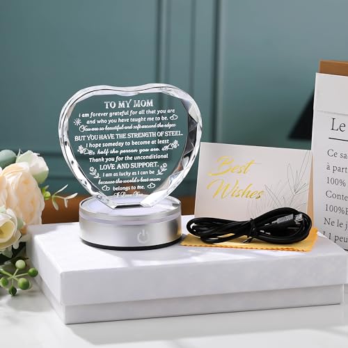 Movdyka Heart-Shaped Crystal Keepsake with LED Base - Mom Gift for Mother's Day
