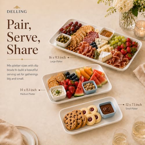 White Porcelain Serving Platter Set of 3 - 12/14/16 Inch Rectangular Trays for Entertaining