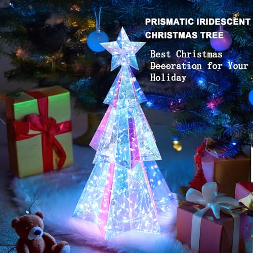Holographic 15-Inch LED Christmas Tree Desktop Decor Iridescent Gift Box