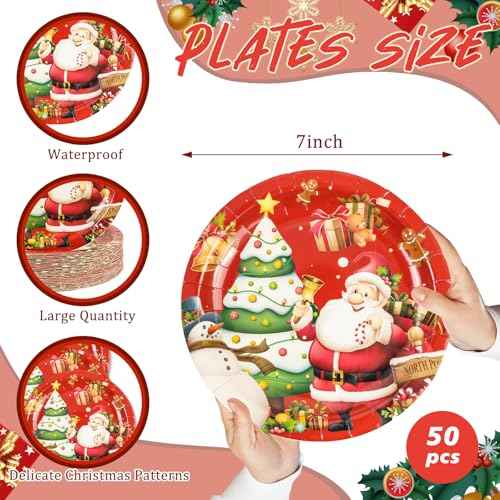 50PCS Merry Christmas Paper Plates - 7Inch Winter Theme Dessert Plate for Cake Salad Fruit Cartoon Tableware Set Disposable Decoration Supplies for Winter, Christmas Party