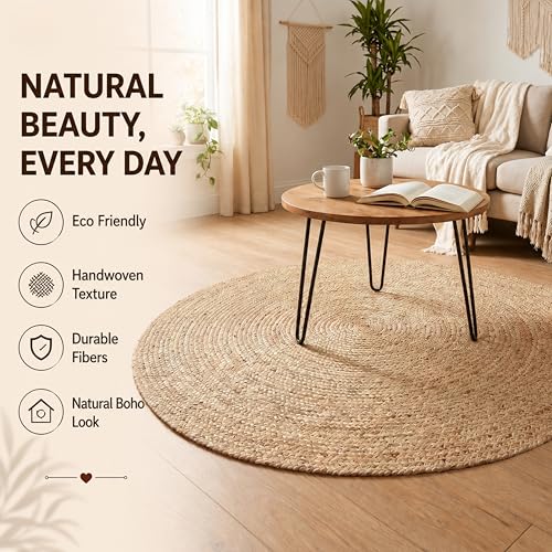 Natural Jute Braided Area Rug - 4 Feet Round, Farmhouse & Coastal Style