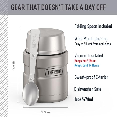 Thermos Stainless King Food Jar 16oz with Spoon - Matte Steel, Leak-Proof