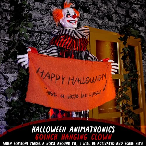 Halloween Animatronic Hanging Clown 5ft with Banner Sound & Lights - Creepy Indoor Outdoor Decor