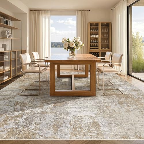 8' x 10' Washable Area Rug for Living Room - Modern Abstract Neutral Large Soft Non Slip Carpet - Beige Brown