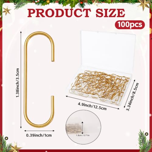 VueuKiGE Gold Christmas Ornament Hooks 100pcs with Storage Box - Small Metal Wire Hangers for Tree Decorations