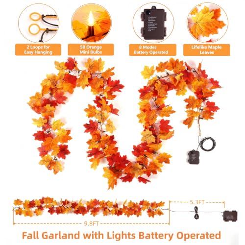 2 Pack Battery Operated Fall Garland with Lights 9.8FT Orange Leaves & 8 Lighting Modes