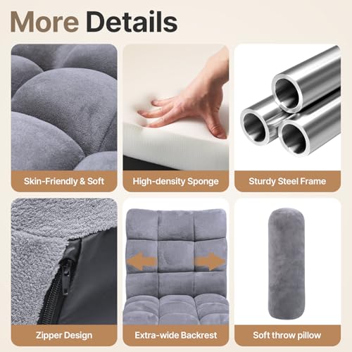 Grey Folding Floor Chair with Back Support & Adjustable 0-90° Recline