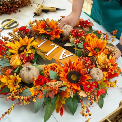 Fall Sign Wreath - 24 Inch Autumn Front Door Decor with Fall Elements & Harvest Sign