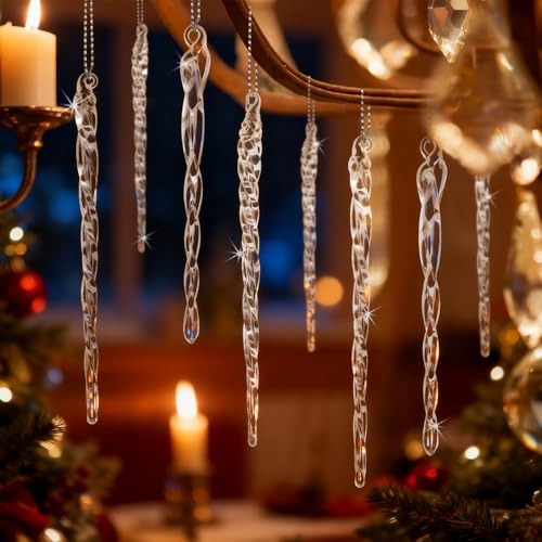 OuMuaMua 32-Piece Clear Handmade Glass Icicle Christmas Ornaments with Variations