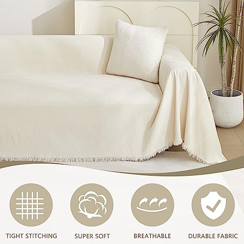 Chenille Sofa Cover 91x150 Inches with Tassel Edges for Sectional L-Shaped Couches - Beige