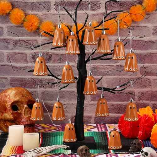 12 Pcs Day of The Dead Mexican Hanging Ghost Ornaments for Tree Dia De Los Muertos Halloween Small Ghost Tree Decorations Terracotta Flower Rustic Home Office Party Christmas Wreath Decor