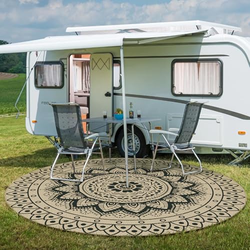 VSIWB Boho Black Round Outdoor Rug 8ft Washable Non-Slip Area Carpet