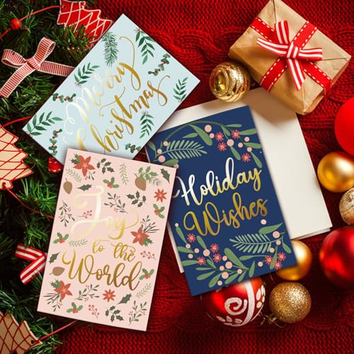 Spercy 24 Pack Gold Foil Christmas Greeting Cards with Envelopes & Stickers, Holiday Season Bulk Set, 6 Designs