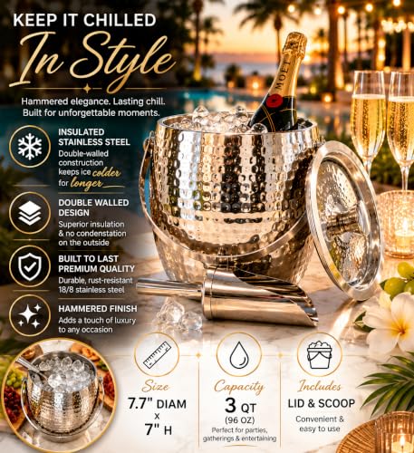 BREKX Silver Insulated Ice Bucket with Lid & Scoop, 3 Qt Champagne Cooler