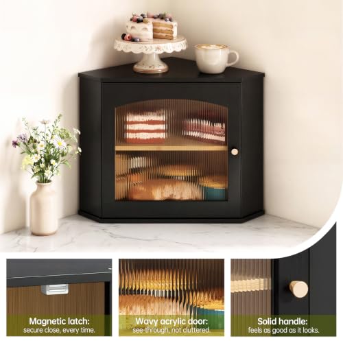 Corner Bread Box for Kitchen Countertop - Bamboo Wood Storage, Black Variation