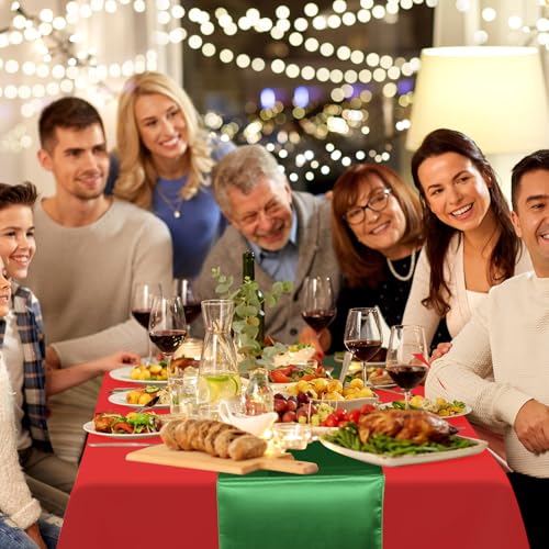 Red & Green Satin Table Runner and Plastic Tablecloth Set - 12 Pack