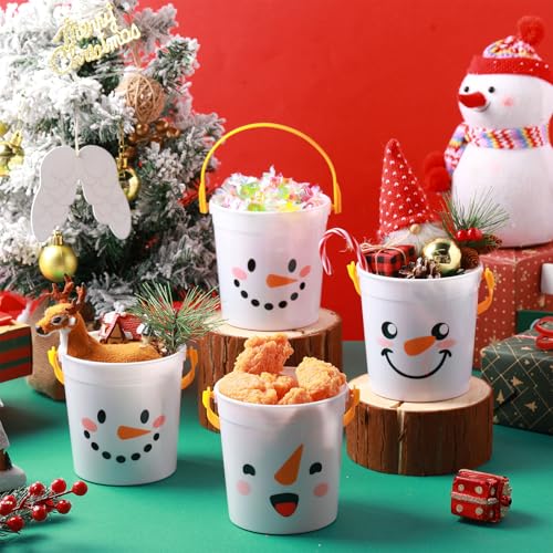 12 Pack Christmas Snowman Plastic Buckets with Handles - Holiday Party Candy & Gift Bails, 4.69 x 3.78 x 4.8 Inches