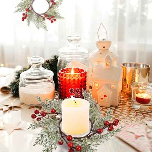 4PCS Christmas Candle Rings Wreaths, Christmas Candle Holder Pillar Candle Ring Artificial Berry Pine Branch Candlestick Garland for Table Decoration
