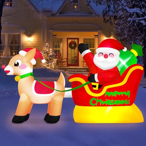 MICOCAH 6FT Santa and Reindeer Inflatable Christmas Yard Decoration with LED Lights
