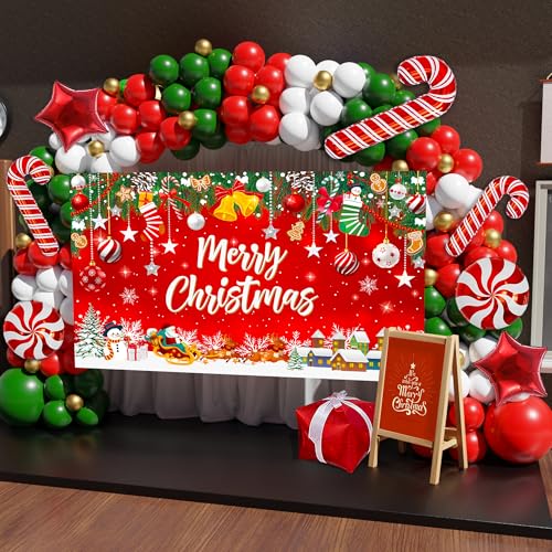 Christmas Balloon Arch Kit 162Pcs with Backdrop Banner - Red Green Gold White Candy Cane Balloons