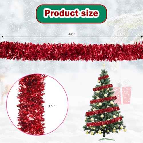 33Ft Red Christmas Tinsel Garland,Shiny Metallic Tinsel Twist Hanging Garland for Xmas Tree Wedding Home and Party Decoration