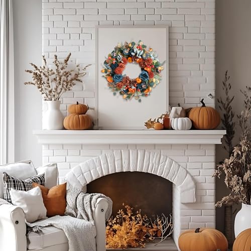 Fall Wreath Handmade Autumn Front Door Decor - Blue, Orange Hydrangeas & Pumpkins - Wreath Variation
