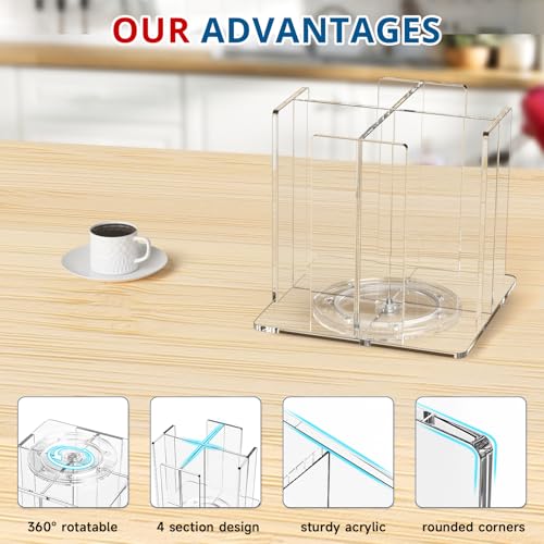 Clear Rotating Cup and Lid Holder Organizer, 4 Compartments for Coffee Station
