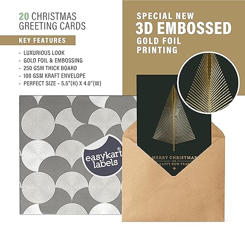 easykart labels 20 Gold Foil Christmas Greeting Cards with Envelopes – 5.75 x 4.25 Dark Green, Embossed Tree Design, Includes Seal Stickers