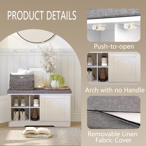 White Shoe Storage Bench with Cushion, Door, 31.5"L x 17.7"H - Entryway Organizer
