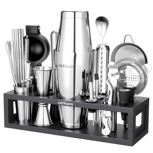 Black Bamboo Bartender Kit with 31-Piece Cocktail Shaker Set - 20/28oz Boston Shaker & Recipe Cards