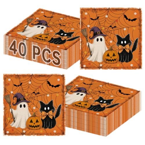 Litmitfu Halloween 40-Count Napkins (6.5 in) Orange Ghost Cat Pumpkin – Disposable Cocktail Dinner Napkins, Party Supplies, Variation: Halloween