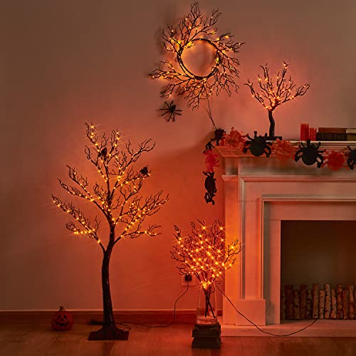 Black Halloween Tree with Lights - 4ft Spooky Indoor Outdoor Decor with 150 Orange Fairy Lights - Variation: Black 150L Tree