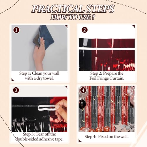 2 Pack Foil Fringe Backdrop - Red&Black Shiny Tinsel Curtains for Party Decoration/Photo Booth Props - 3.3x6.6 FT Metallic Foil Backdrop for Birthday, Wedding, Graduation, Christmas.