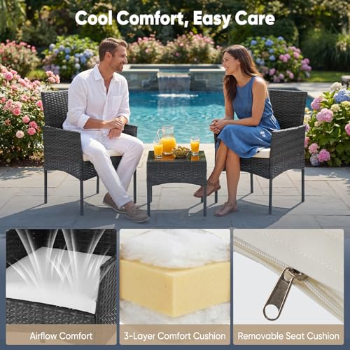 DUMOS Outdoor Wicker Bistro Set - 3-Piece Patio Furniture Set, Black, Weather-Resistant