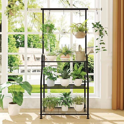 3-Tier Rectangular Heavy Duty Metal Plant Stand with Extendable Hanging Rod - Indoor Outdoor Garden Shelf